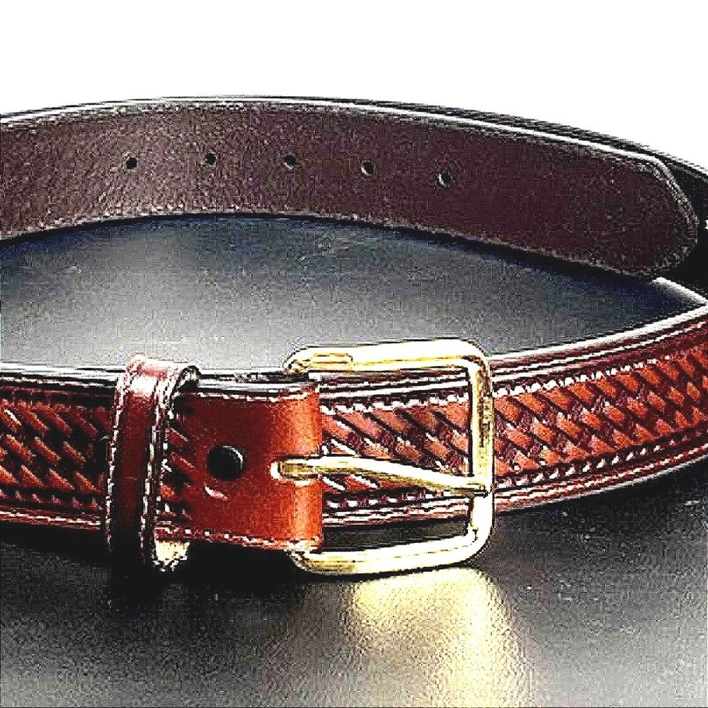 Schmidt Embossed Leather Belt with Brass Gold Buckle Men's Sz 48